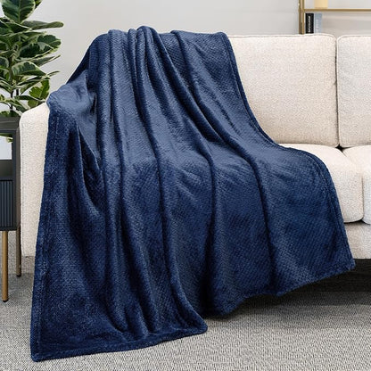 PAVILIA Navy Blue Throw Blanket for Couch, Twin Bed, Soft Fleece Throws for Sofa Chair, Fuzzy Waffle Textured Blanket, Cozy Warm Lightweight All Season Blanket Throw, 60x80