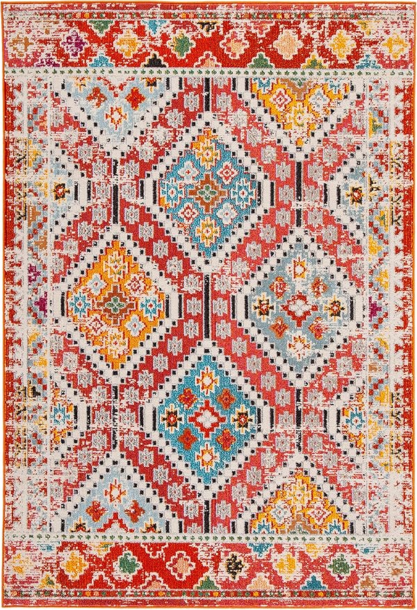 SAFAVIEH Madison Collection Area Rug - 10' x 14', Rust & Pink, Boho Diamond Distressed Design, Non-Shedding & Easy Care, Ideal for High Traffic Areas in Living Room, Bedroom (MAD418Q)