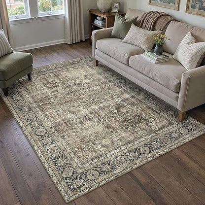 Vintage Area Rug 4x6 Brown Entryway Office Washable Carpet Non Slip Bedroom Indoor Living Room Door Mat Low Pile Traditional Distressed Retro Accent Rug for Dining Room Bathroom Kitchen