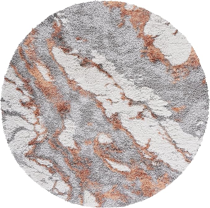 SAFAVIEH Horizon Shag Collection Area Rug - 8' Round, Grey & Rust, Modern Abstract Design, Non-Shedding & Easy Care, 2-inch Thick Ideal for High Traffic Areas in Living Room, Bedroom (HZN890P)