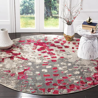 SAFAVIEH Monaco Collection Area Rug - 6'7" Round, Grey & Fuchsia, Boho Chic Abstract Watercolor Design, Non-Shedding & Easy Care, Ideal for High Traffic Areas in Living Room, Bedroom (MNC225R)