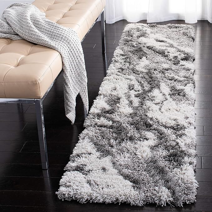 SAFAVIEH Horizon Shag Collection Runner Rug - 2' x 7', Grey & Ivory, Modern Abstract Design, Non-Shedding & Easy Care, 2-inch Thick Ideal for High Traffic Areas in Living Room, Bedroom (HZN890F)