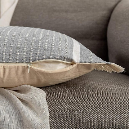 OJIA Modern Throw Pillow Cover with Tassels, Decorative Liana Fringe Accent Cushion Case, Farmhouse Woven Pillowcase for Sofa Chair Couch Bed Decor (Lumbar 12 x 20 Inches, Grey)