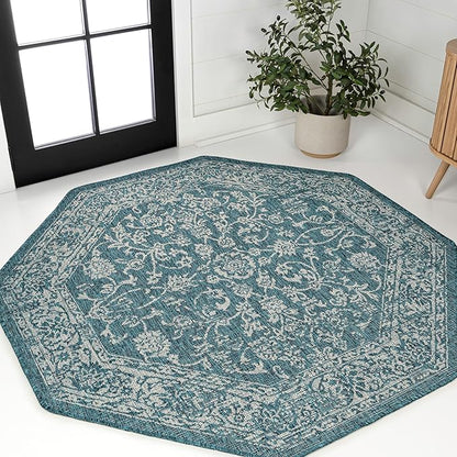 JONATHAN Y Weave Floral Indoor Outdoor Octagon Area Rug 5 Ft Teal/Gray, Tela Bohemian Textured for Backyard, Patio, Porch, Easy-Cleaning, High Traffic, Pet-Friendly, Non-Shedding (SMB100C-5TGN)