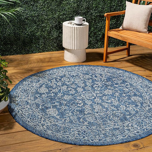 JONATHAN Y Weave Floral Indoor Outdoor Round Area Rug 4 Ft Navy/Gray, Tela Bohemian Textured for Backyard, Patio, Porch, Easy-Cleaning, High Traffic, Pet-Friendly, Non-Shedding (SMB100B-4R)