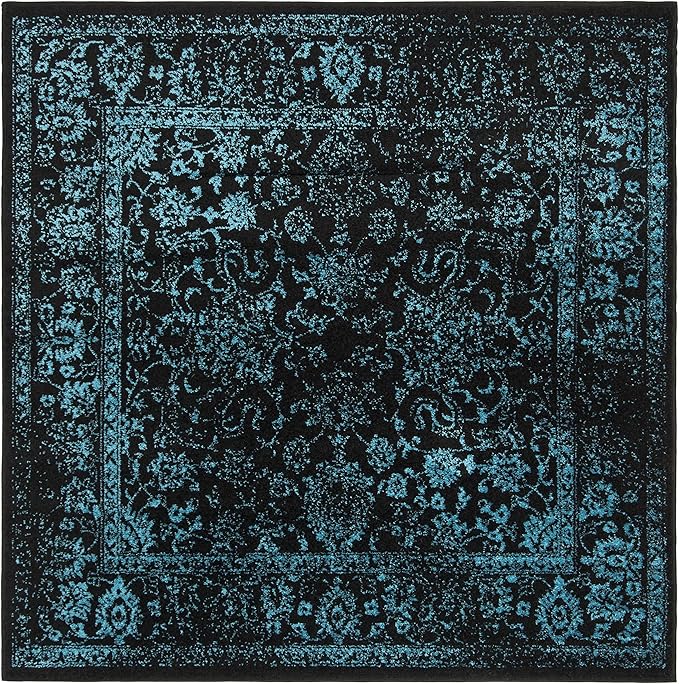 SAFAVIEH Adirondack Collection Area Rug - 6' Square, Black & Teal, Distressed Vintage Floral Design, Non-Shedding & Easy to Clean, Ideal for Living Room, Bedroom, Dining Space (ADR109K)