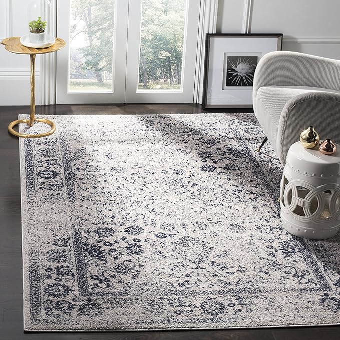 SAFAVIEH Area Rug 4x6 - Adirondack Collection - Grey & Navy, Distressed Vintage Floral Design, Non-Shedding & Easy to Clean, Ideal for Living Room, Bedroom, Dining Space (ADR109P)