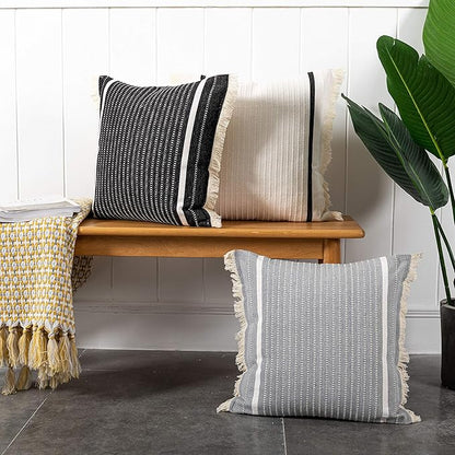 OJIA Modern Throw Pillow Cover with Tassels, Decorative Liana Fringe Accent Cushion Case, Farmhouse Woven Pillowcase for Sofa Chair Couch Bed Decor (Lumbar 20 x 20 Inches, Black)