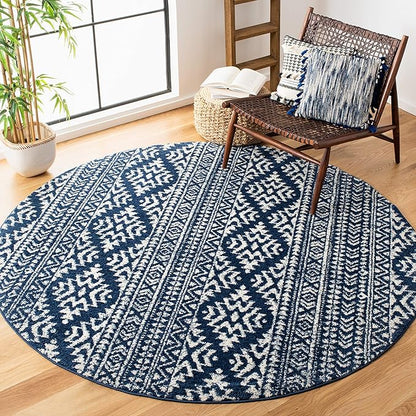 SAFAVIEH Tulum Collection Area Rug - 8' Round, Navy & Ivory, Moroccan Boho Tribal Design, Non-Shedding & Easy to Clean, Ideal for Living Room, Bedroom, Dining Space (TUL272N)