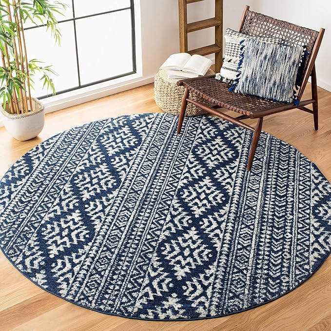 SAFAVIEH Tulum Collection Area Rug - 11' Round, Navy & Ivory, Moroccan Boho Tribal Design, Non-Shedding & Easy to Clean, Ideal for Living Room, Bedroom, Dining Space (TUL272N)