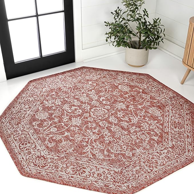JONATHAN Y Weave Floral Indoor Outdoor Octagon Area Rug 5 Ft Red/Taupe, Tela Bohemian Textured for Backyard, Patio, Porch, Easy-Cleaning, High Traffic, Pet-Friendly, Non-Shedding (SMB100A-5TGN)