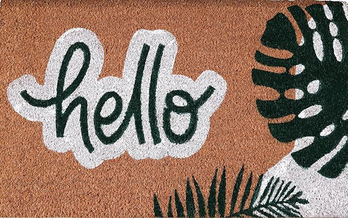 Coir Door Mats 17" X 30", Non-Slip Sturdy, PVC Backed Heavy Duty, Easy to Clean, Ideal for Door Entrance, Patio, Porch, Backyard, Garages, Hello - Green Leaves