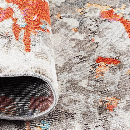 SAFAVIEH Monaco Collection Area Rug - 6'7" Round, Grey & Orange, Boho Chic Abstract Watercolor Design, Non-Shedding & Easy Care, Ideal for High Traffic Areas in Living Room, Bedroom (MNC225H)