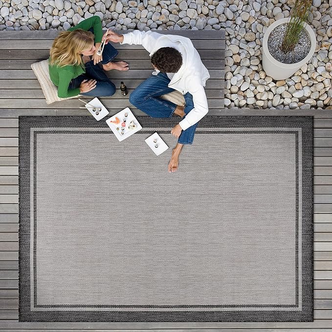 CAMILSON Indoor Outdoor Rug, 9x12 Bordered Gray Modern Area Rugs for Large Indoor and Outdoor Patios, Kitchen and Hallway Mats, Washable Porch Deck Outside Carpet (Bordered Grey, 9 x 12)