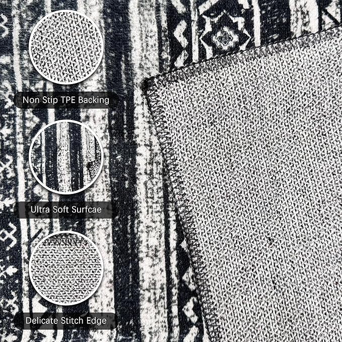 RUGSURE Washable Area Rugs 8' x 10' - 1/6 Thick - Moroccan-Inspired -Stain & Water Resistant Non-Slip - Resistant Rug for Living Room, Bedroom, Nursery, Pet & Child Friendly (Black)
