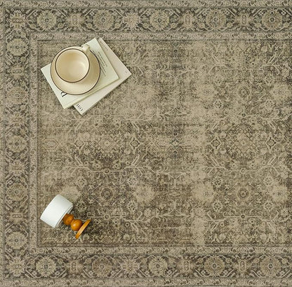 Vintage Area Rug 3x5 Light Brown Bedroom Indoor Kitchen Washable Living Room Carpet Tribal Distressed Retro Accent Throw Rug for Office Dining Room Bathroom Faux Wool