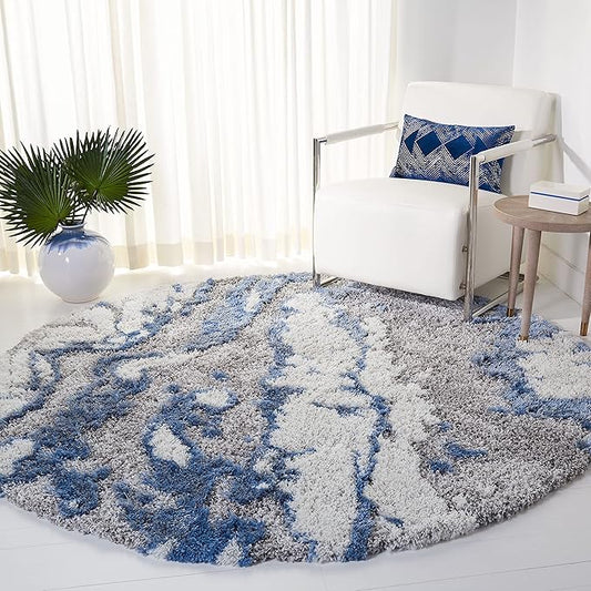 SAFAVIEH Horizon Shag Collection Area Rug - 11' Round, Grey & Blue, Modern Abstract Design, Plush 2.5-inch Thick, Ideal for High Traffic Areas in Living Room, Bedroom, Dining (HZN890G-11R)