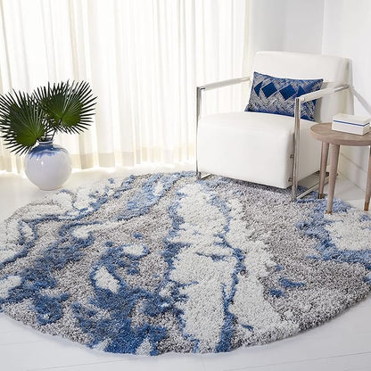 SAFAVIEH Horizon Shag Collection Area Rug - 10' Round, Grey & Blue, Modern Abstract Design, Non-Shedding & Easy Care, 2-inch Thick Ideal for High Traffic Areas in Living Room, Bedroom (HZN890G)