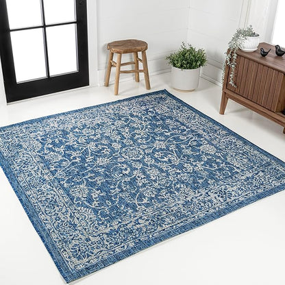 JONATHAN Y Weave Floral Indoor Outdoor Square Area Rug 9X9 Navy/Gray, Tela Bohemian Textured for Backyard, Patio, Porch, Easy-Cleaning, High Traffic, Pet-Friendly, Non-Shedding (SMB100B-9SQ)
