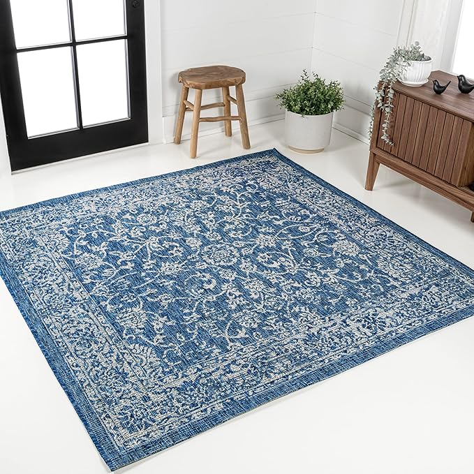 JONATHAN Y Weave Floral Indoor Outdoor Square Area Rug 4X4 Navy/Gray, Tela Bohemian Textured for Backyard, Patio, Porch, Easy-Cleaning, High Traffic, Pet-Friendly, Non-Shedding (SMB100B-4SQ)