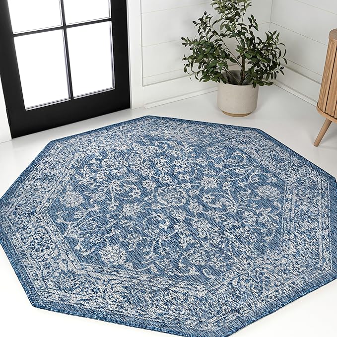 JONATHAN Y Weave Floral Indoor Outdoor Octagon Area Rug 8 Ft Navy/Gray, Tela Bohemian Textured for Backyard, Patio, Porch, Easy-Cleaning, High Traffic, Pet-Friendly, Non-Shedding (SMB100B-8TGN)