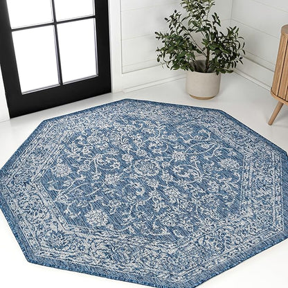 JONATHAN Y Weave Floral Indoor Outdoor Octagon Area Rug 8 Ft Navy/Gray, Tela Bohemian Textured for Backyard, Patio, Porch, Easy-Cleaning, High Traffic, Pet-Friendly, Non-Shedding (SMB100B-8TGN)
