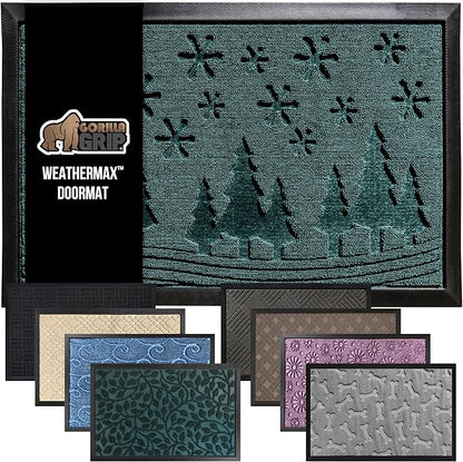 GORILLA GRIP 100% Waterproof All-Season WeatherMax Doormat 35x23, US Designed Natural Rubber, Stain and Fade Resistant, Low Profile Indoor Outdoor Door Mats, Easy Clean Patio Mat, Green Snowscape