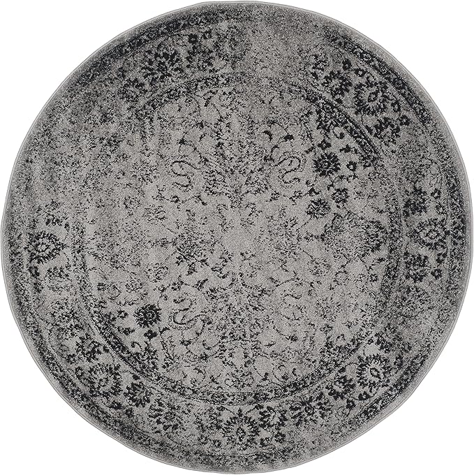 SAFAVIEH Adirondack Collection Area Rug - 4' Round, Grey & Black, Distressed Vintage Floral Design, Non-Shedding & Easy to Clean, Ideal for Living Room, Bedroom, Dining Space (ADR109B)