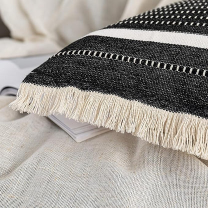 OJIA Modern Throw Pillow Cover with Tassels, Decorative Liana Fringe Accent Cushion Case, Farmhouse Woven Pillowcase for Sofa Chair Couch Bed Decor (Lumbar 18 x 18 Inches, Black)
