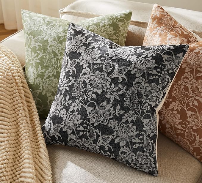 Floral Jacquard Throw Pillow Covers Set of 2, Background/Charcoal 24x24 Inch, Farmhouse Decorative Cotton Dark Grey Cushion Covers for Sofa Bed Living Room Home Decor