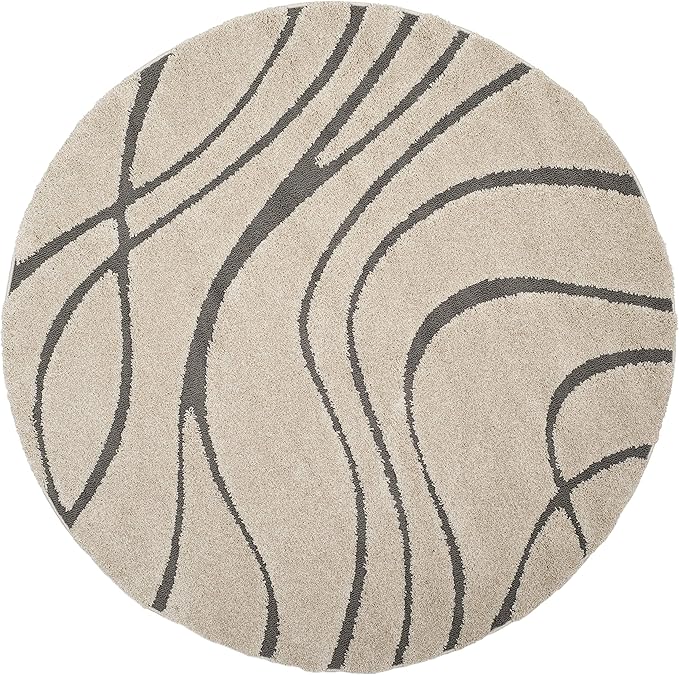 SAFAVIEH Florida Shag Collection 6'7" Round Cream/Grey SG471 Abstract Wave Non-Shedding Living Room Bedroom Dining Room Entryway Plush 1.2-inch Thick Area Rug