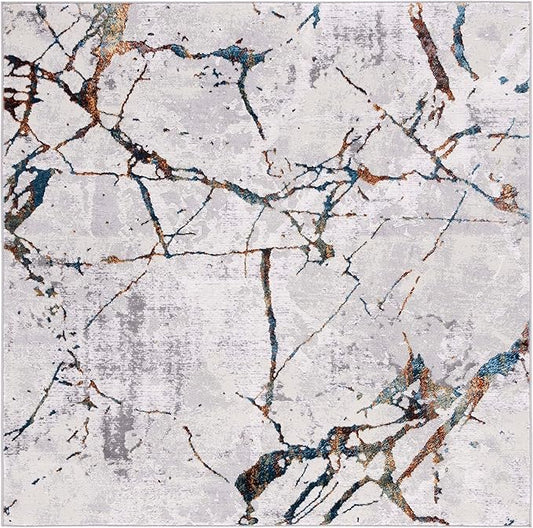 SAFAVIEH Amelia Collection Area Rug - 5' Square, Grey & Blue Gold, Modern Abstract Design, Non-Shedding & Easy Care, Ideal for High Traffic Areas in Living Room, Bedroom (ALA293M)