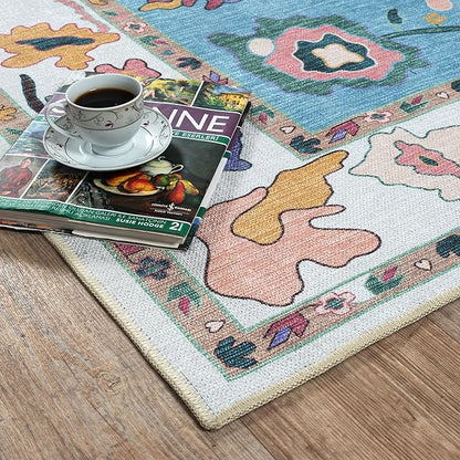 Fame Living Colorful Oushak Rug, Modern Small Rugs, Vintage, Turkish, Eclectic, Floral, Pastel, Washable, Door Mat, Doormat for Indoor Entrance, Entryway, Kitchen, Bathroom, Bedroom, Laundry, 2'x3'