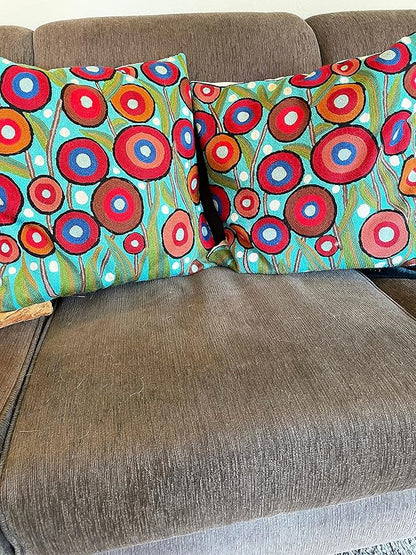 Floral Poppy Pillow Cover - Turquoise Suzani Poppies Accent Chair Cushion - 18x18 Inch Hand Embroidered Wool