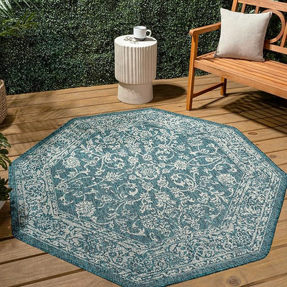 JONATHAN Y Weave Floral Indoor Outdoor Octagon Area Rug 8 Ft Teal/Gray, Tela Bohemian Textured for Backyard, Patio, Porch, Easy-Cleaning, High Traffic, Pet-Friendly, Non-Shedding (SMB100C-8TGN)
