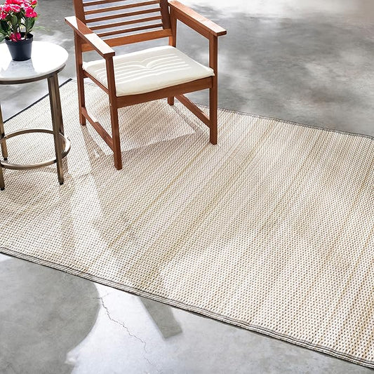 Fab Habitat Striped Neutral Outdoor Rug - Waterproof, Fade Resistant, Crease-Free, Reversible - Premium Recycled Plastic - Patio Porch Balcony Deck - Cancun Shadow SandBlack - 8x10 ft