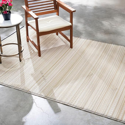 Fab Habitat Outdoor Rug - Waterproof, Fade Resistant, Crease-Free - Premium Recycled Plastic - Neutral Striped - Patio, Porch, Deck, Balcony - Cancun Shadow - Sand & Black - 5 x 8 ft