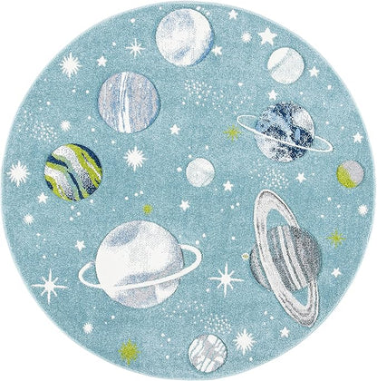SAFAVIEH Carousel Kids Collection 5'3" Round Teal/Ivory CRK103J Outer Space Non-Shedding Playroom Nursery Bedroom Area Rug