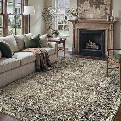 Vintage Area Rug 8x10 Brown Washable Living Room Large Carpet Non Slip Bedroom Indoor Office Low Pile Traditional Distressed Retro Accent Rug for Dining Room
