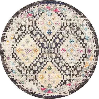 SAFAVIEH Madison Collection Area Rug - 9' Round, Black & Yellow, Boho Diamond Distressed Design, Non-Shedding & Easy Care, Ideal for High Traffic Areas in Living Room, Bedroom (MAD418Z)