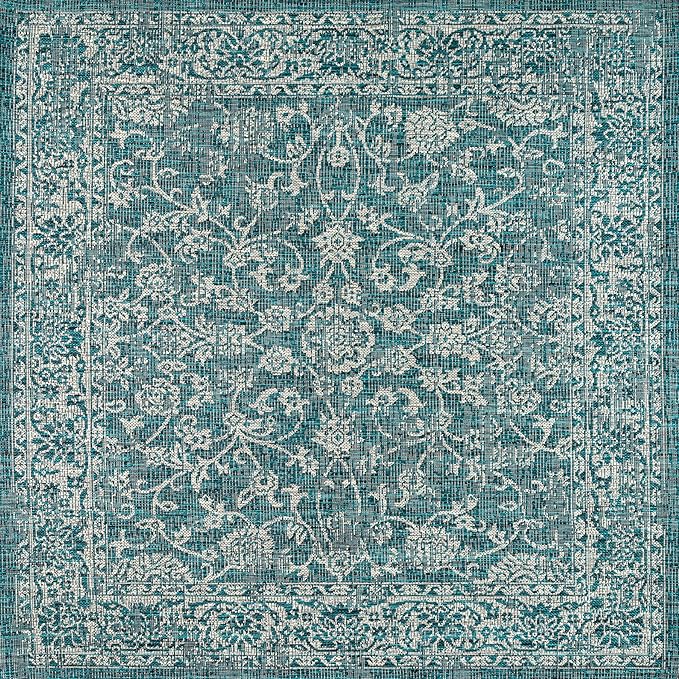 JONATHAN Y Weave Floral Indoor Outdoor Square Area Rug 3X3 Teal/Gray, Tela Bohemian Textured for Backyard, Patio, Porch, Easy-Cleaning, High Traffic, Pet-Friendly, Non-Shedding (SMB100C-3SQ)