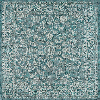 JONATHAN Y Weave Floral Indoor Outdoor Square Area Rug 3X3 Teal/Gray, Tela Bohemian Textured for Backyard, Patio, Porch, Easy-Cleaning, High Traffic, Pet-Friendly, Non-Shedding (SMB100C-3SQ)