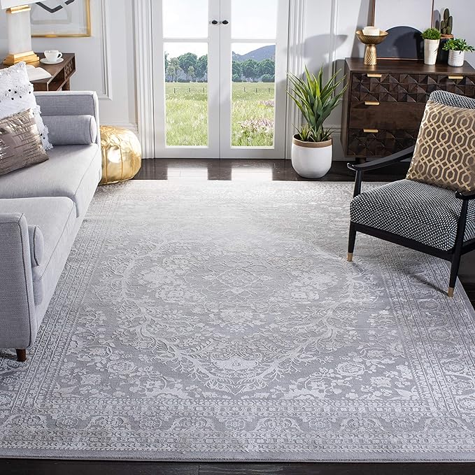 SAFAVIEH Reflection Collection Area Rug - 6'7" Square, Light Grey & Cream, Non-Shedding & Easy Cleaning, Ideal for Living Room, Bedroom (RFT668G)