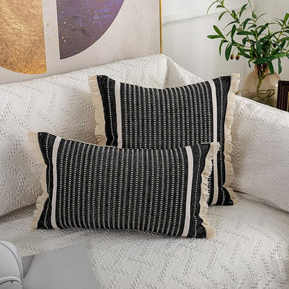 OJIA Modern Throw Pillow Cover with Tassels, Decorative Liana Fringe Accent Cushion Case, Farmhouse Woven Pillowcase for Sofa Chair Couch Bed Decor (Lumbar 12 x 20 Inches, Black)