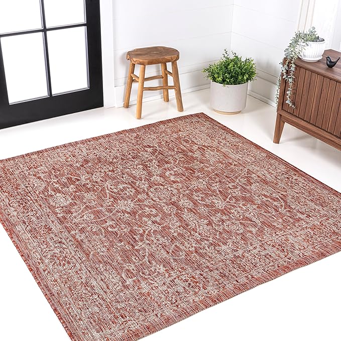 JONATHAN Y Weave Floral Indoor Outdoor Square Area Rug 9X9 Red/Taupe, Tela Bohemian Textured for Backyard, Patio, Porch, Easy-Cleaning, High Traffic, Pet-Friendly, Non-Shedding (SMB100A-9SQ)