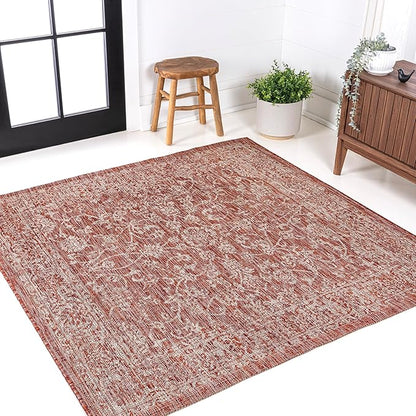 JONATHAN Y Weave Floral Indoor Outdoor Square Area Rug 5X5 Red/Taupe, Tela Bohemian Textured for Backyard, Patio, Porch, Easy-Cleaning, High Traffic, Pet-Friendly, Non-Shedding (SMB100A-5SQ)