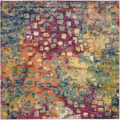 SAFAVIEH Monaco Collection Area Rug - 5' Square, Pink & Multi, Boho Chic Abstract Watercolor Design, Non-Shedding & Easy Care, Ideal for High Traffic Areas in Living Room, Bedroom (MNC225D)