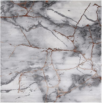 SAFAVIEH Craft Collection Area Rug - 6'7" Square, Grey & Orange, Modern Abstract Marble Pattern Design, Non-Shedding & Easy Care, Ideal for High Traffic Areas in Living Room, Bedroom (CFT877P)