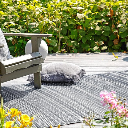 Fab Habitat Outdoor Rug - Waterproof, Fade Resistant, Crease-Free - Premium Recycled Plastic - Striped - Patio, Porch, Deck, Balcony - Cancun - Midnight - 5 x 8 ft