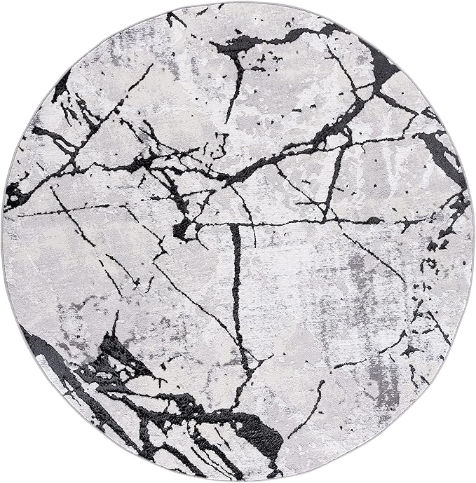 SAFAVIEH Amelia Collection Area Rug - 8' Round, Grey & Black, Modern Abstract Design, Non-Shedding & Easy Care, Ideal for High Traffic Areas in Living Room, Bedroom (ALA293K)